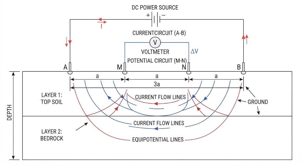 Four-electrode resistivity survey showing current electrodes A and B and potential electrodes M and N
