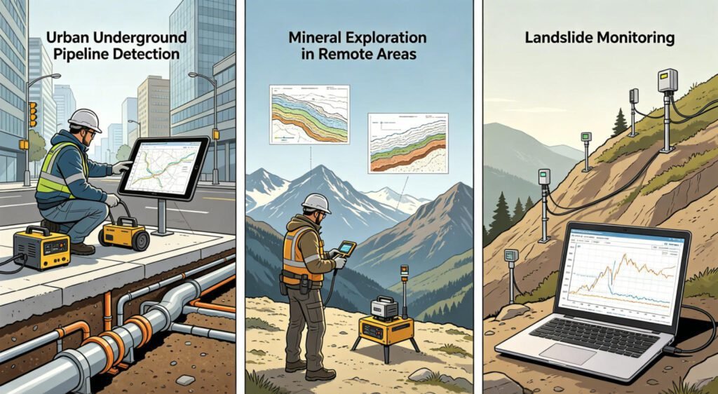 Schematic diagram of geological geophysical exploration application scenarios, including urban utility pipeline detection and mineral resource exploration.