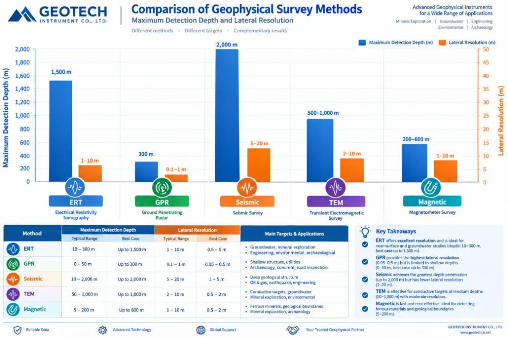 Geophysical method depth vs resolution comparison chart