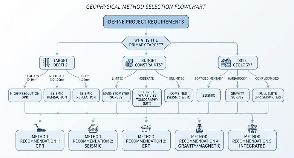 Decision flowchart for selecting electrical exploration method based on project depth, budget, and geological complexity