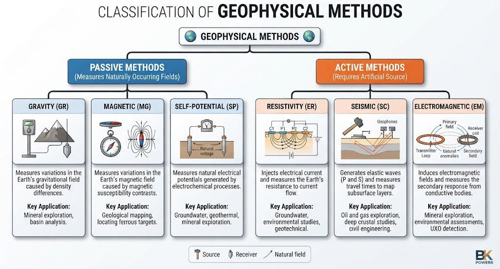 Classification diagram of passive and active geophysical methods