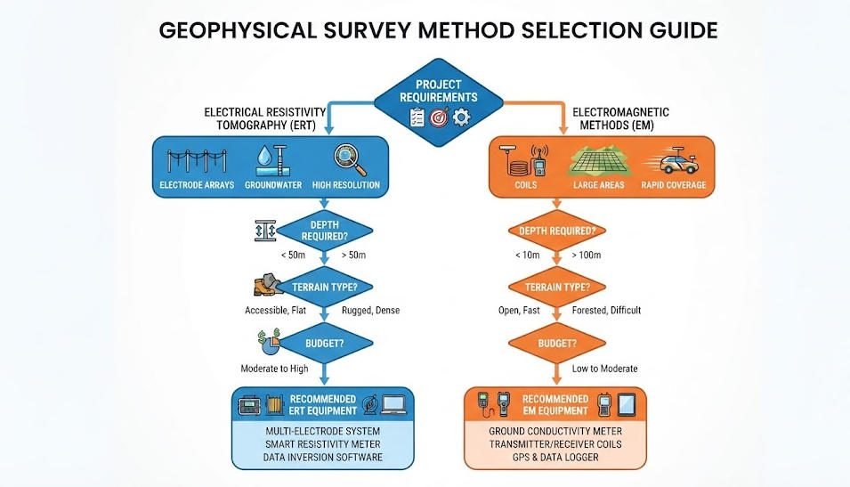 Decision flowchart for selecting between electrical resistivity survey and electromagnetic geophysical survey based on project requirements