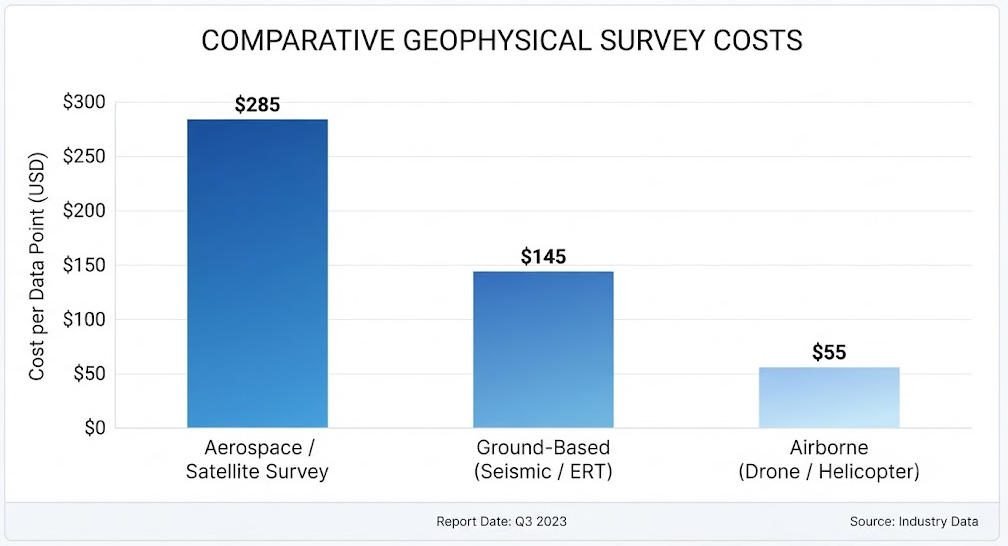 Bar chart comparing survey speed and cost per data point of DC sounding, high-density method, and ERT systems