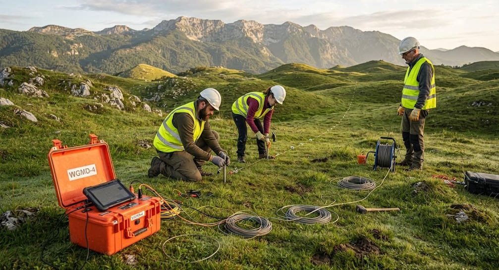 Field crew deploying high-density electrical resistivity electrode array with WGMD-4 system for subsurface karst detection survey