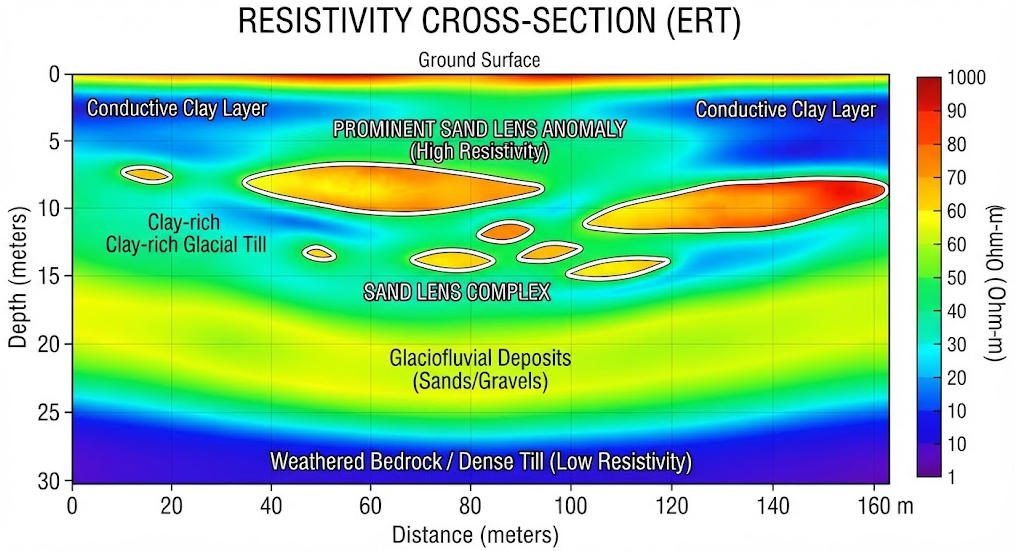 2D resistivity inversion cross-section from Xiongan New Area showing sand lenses and paleochannel networks detected by high-density resistivity survey