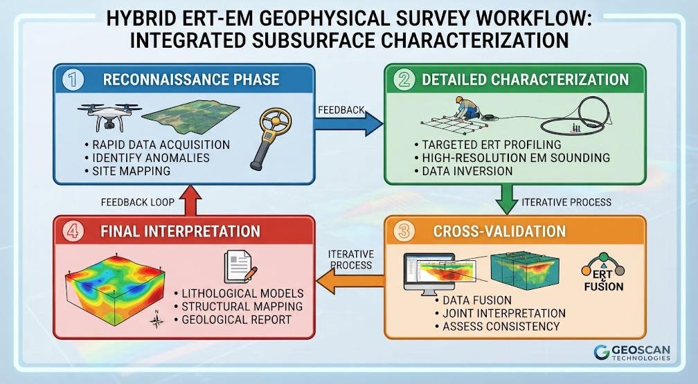 Hybrid ERT‑EM geophysical survey workflow flowchart: reconnaissance, detailed survey, cross‑validation and interpretation steps