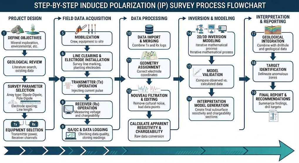 IP survey field deployment workflow diagram