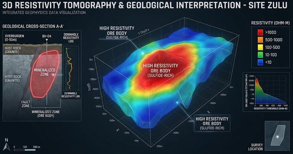 Mineral exploration using 3D resistivity imaging to detect ore body anomalies