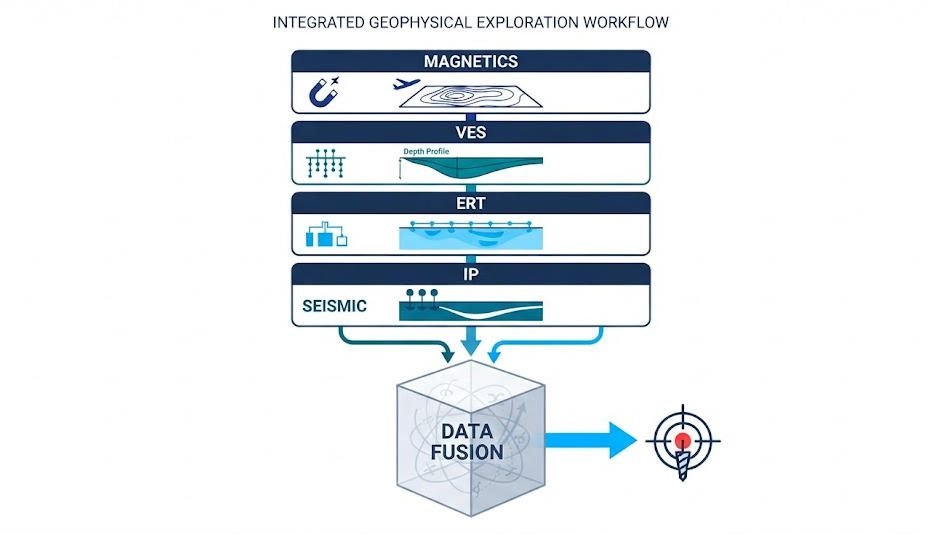 Integrated multi-method geophysical survey workflow combining magnetics, VES, ERT, IP, and seismic data fusion