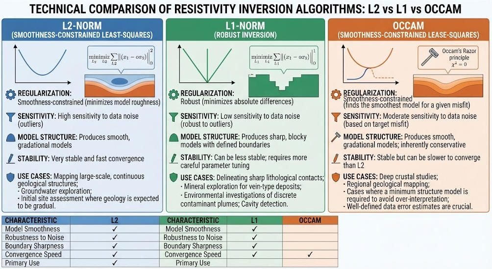 Resistivity inversion algorithm comparison chart