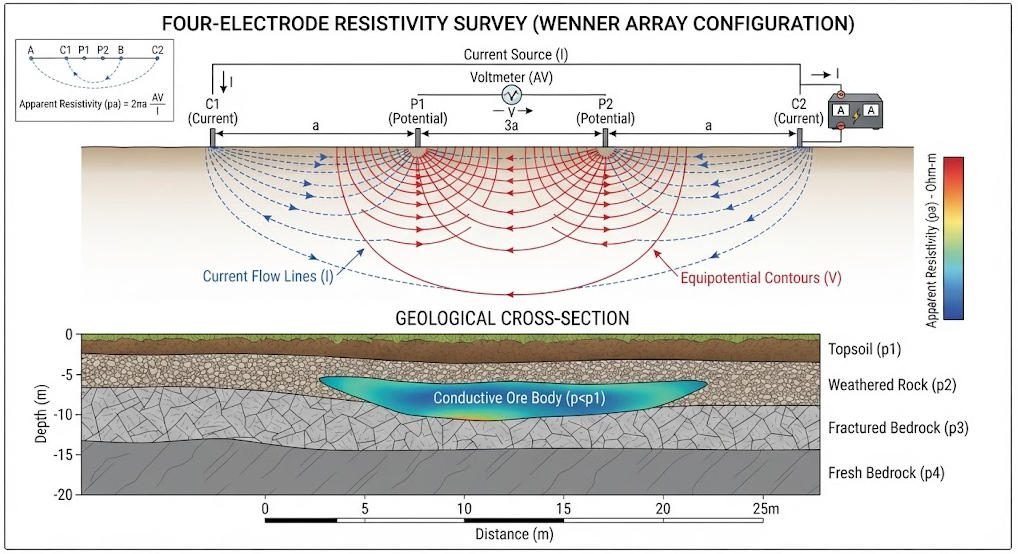 Four-electrode resistivity meter survey configuration diagram