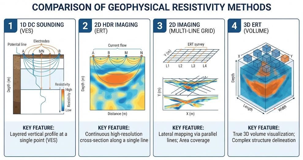 Technical diagram comparing DC resistivity sounding, high-density resistivity, 2D imaging and ERT methods for geophysical exploration