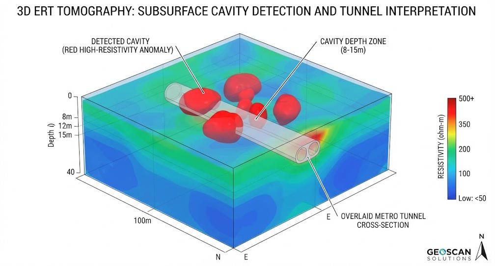 3D electrical resistivity tomography results showing detected subsurface cavities beneath Shanghai metro extension project