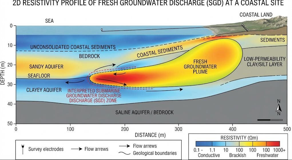 Submarine groundwater discharge CRP resistivity profile example