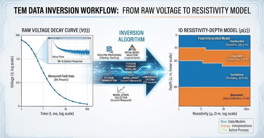 TEM data processing from raw decay curve to resistivity depth model