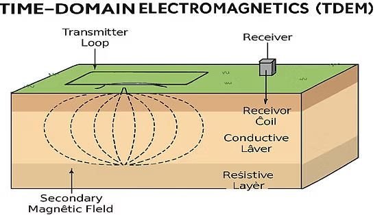 TEM central-loop field setup with transmitter and receiver coils on ground