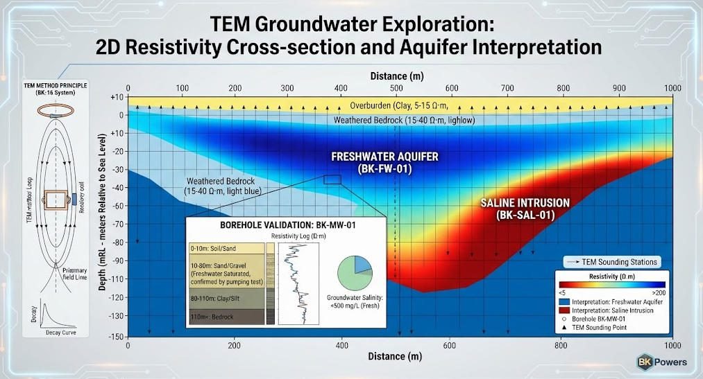 TEM survey for groundwater exploration showing aquifer resistivity cross-section