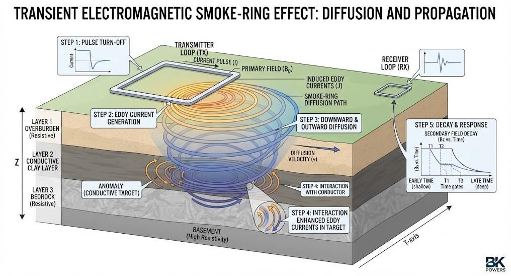 Diagram showing TEM smoke-ring eddy current diffusion in subsurface