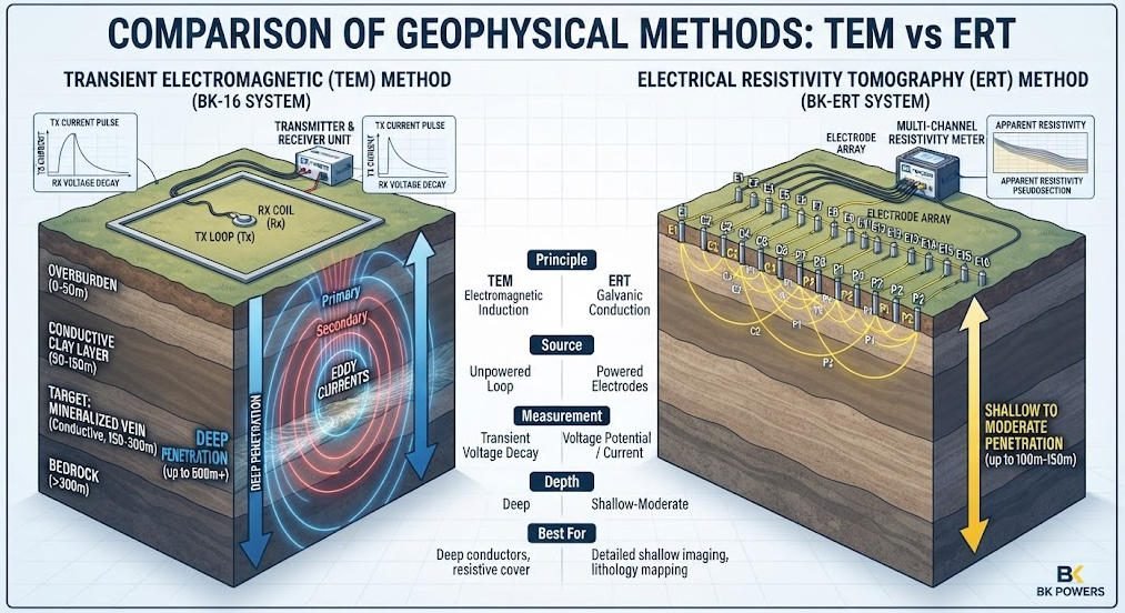Comparison of TEM and ERT geophysical methods showing depth and resolution differences