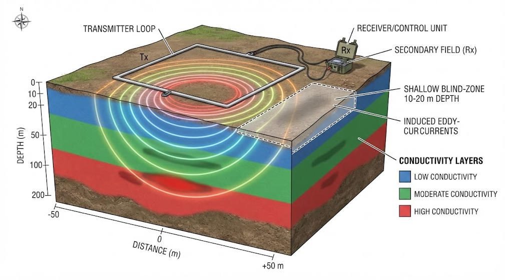 Transient electromagnetic TEM survey principle diagram, transmitter‑receiver coil, induced subsurface eddy currents, highlight shallow blind‑zone for geophysical exploration