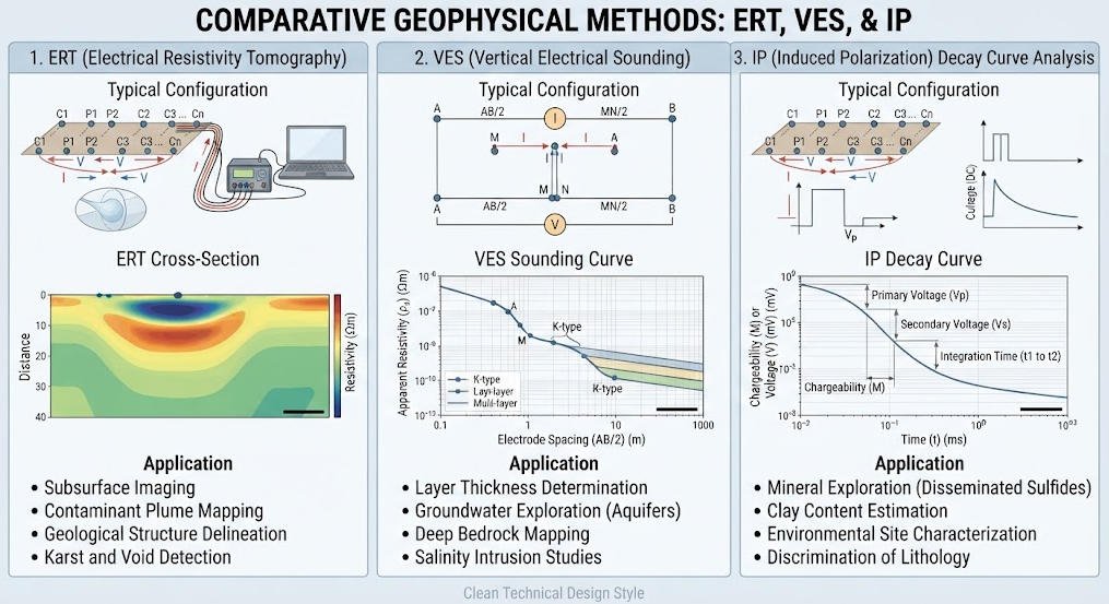 Three resistivity methods comparison ERT VES IP