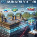 ERT survey instrument selection guide with integrated geophysical data workflow and 3D subsurface geological model.