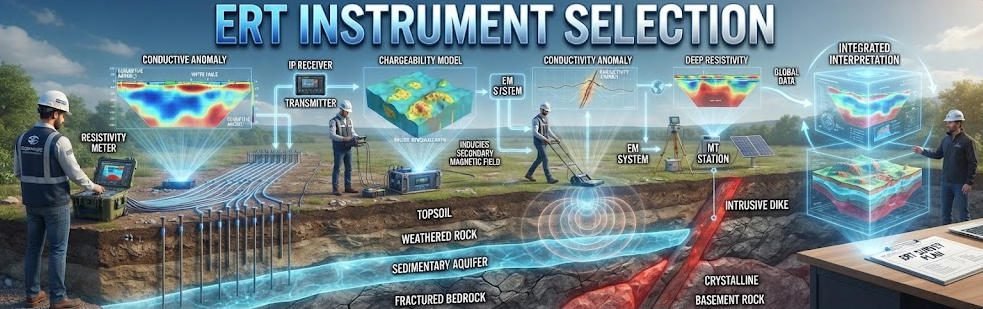 Geophysical exploration methods comparison chart: ERT, IP, EM, and MT instrument selection workflow with subsurface geology models.