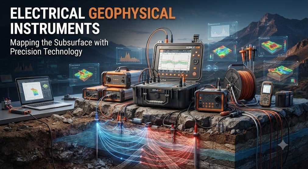 3D Render of Electrical Geophysical Instruments and Subsurface Resistivity Imaging System, Featuring Field Resistivity Meters, Electrodes, and Real-time Data Visualization Dashboards
