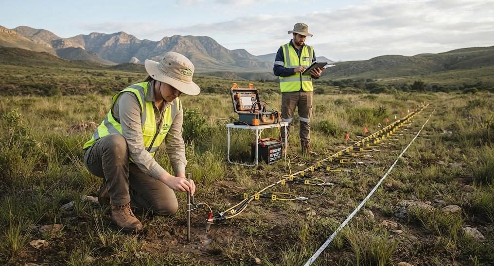 Field engineers installing multielectrode cables and electrodes for an electrical resistivity survey