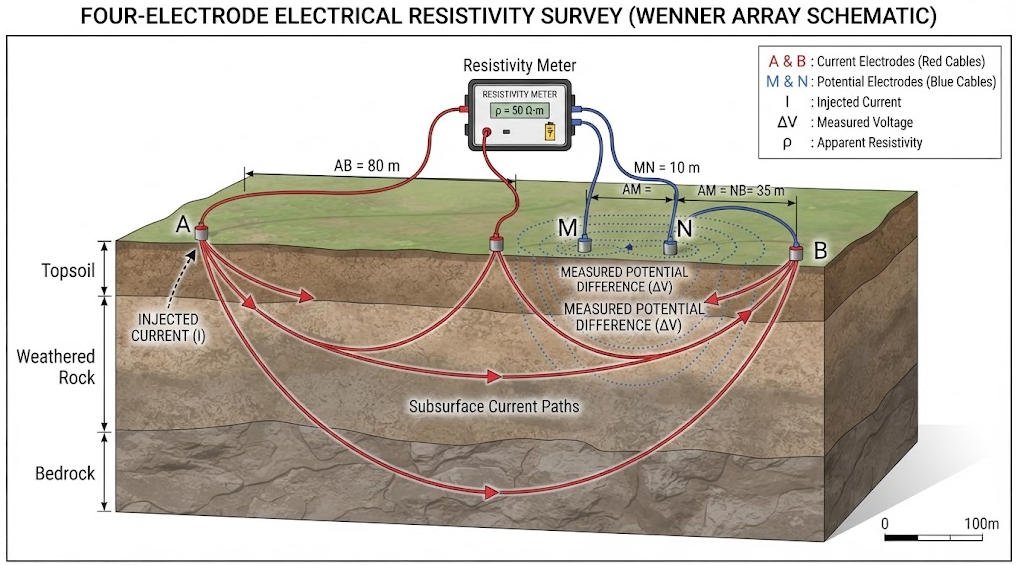 Electrical resistivity survey principle showing current electrodes, potential electrodes, and subsurface current flow
