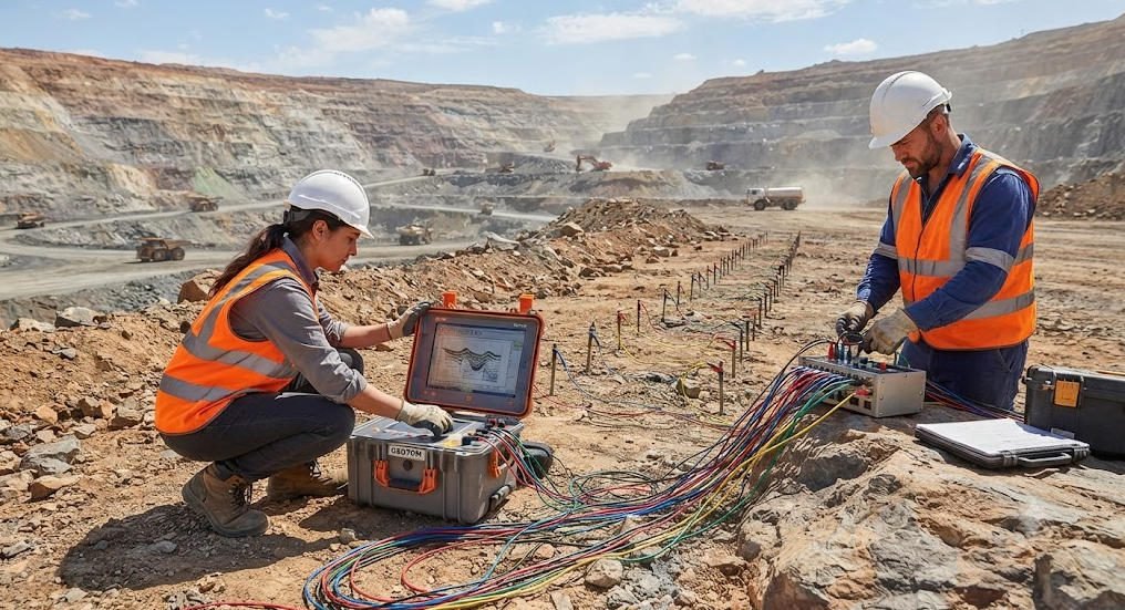 Geologists operate electrical geophysical instruments ERT resistivity meter for open-pit mineral exploration field data collection