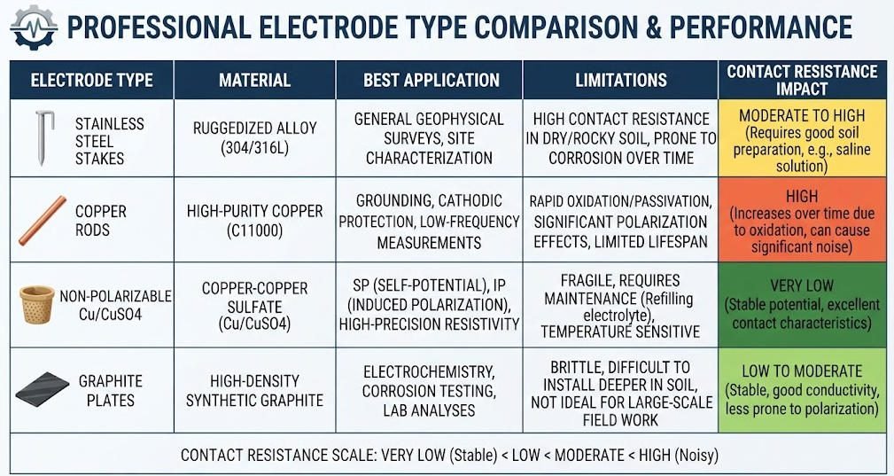 Comparison table of stainless steel, copper, and Ag/AgCl electrodes for ERT and IP surveys with contact resistance data