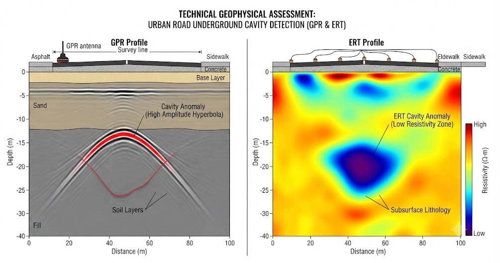 ERT and GPR comparison diagram for underground cavity detection, electrical geophysical instruments ERT resistivity meter low-resistance zone imaging vs GPR void radar signal