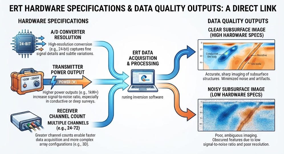 Diagram showing how ERT instrument hardware specifications like A/D resolution and transmitter power affect subsurface data quality