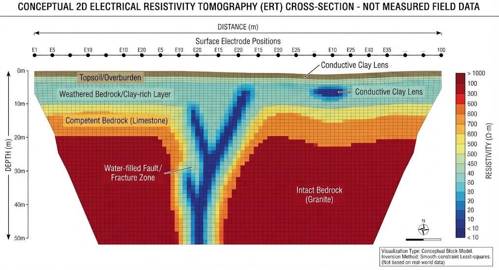 Example conceptual ERT resistivity cross-section showing subsurface electrical contrasts and depth