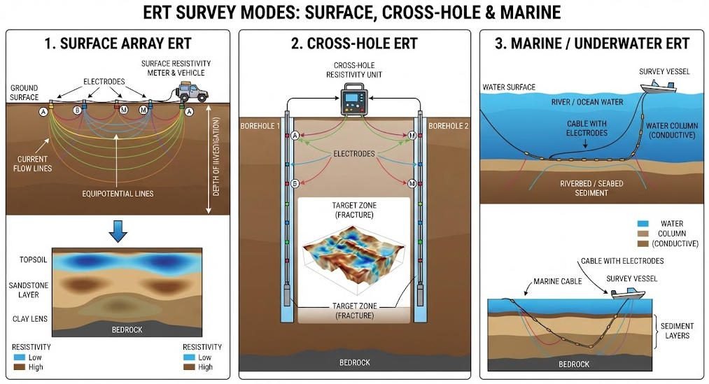 Diagram comparing surface ERT, cross-hole ERT and underwater ERT survey modes with electrode deployment configurations