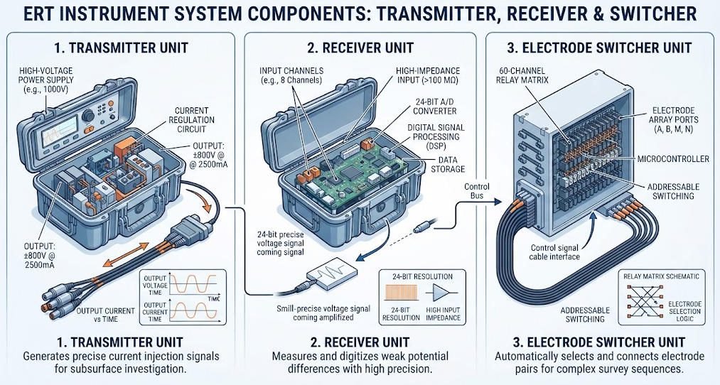 Technical diagram showing ERT instrument core components: transmitter, receiver with A/D converter, and electrode switcher with channel count