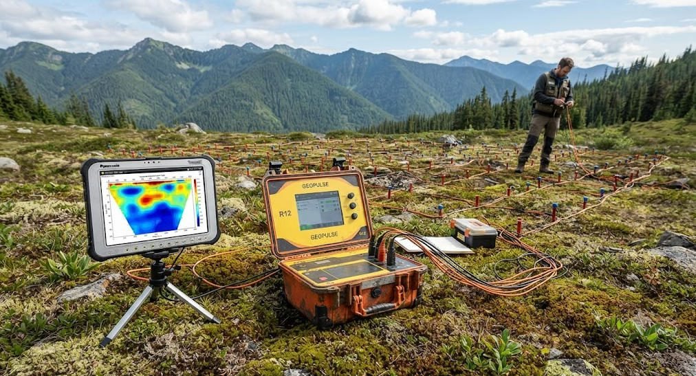 Outdoor field survey with electrical geophysical instruments ERT resistivity meter, electrode array layout for mineral and water source exploration