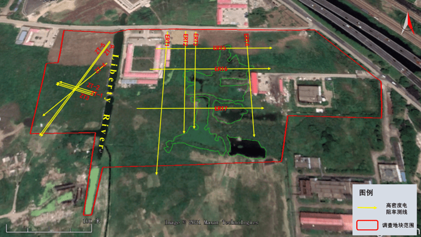 EM detection area and ERT survey line layout in the survey area