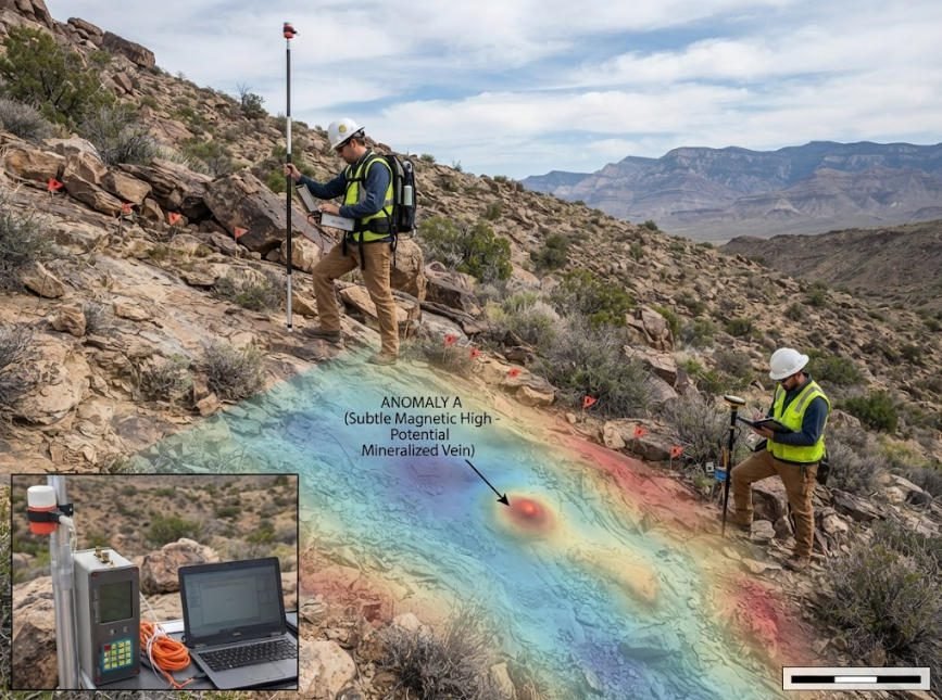 Proton magnetometer measuring magnetic anomalies during geological survey