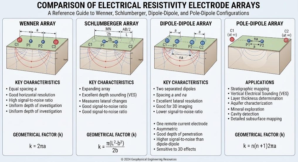 Comparison of Wenner, Schlumberger, dipole-dipole, and pole-dipole electrode configurations