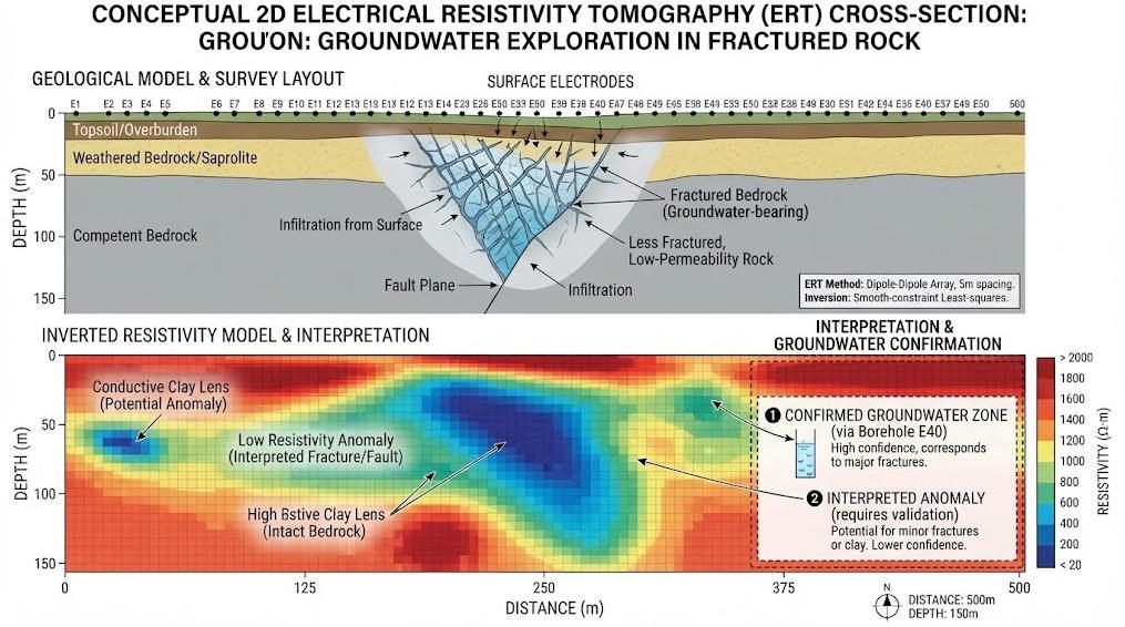 Conceptual resistivity survey identifying a potential groundwater-bearing fractured rock zone