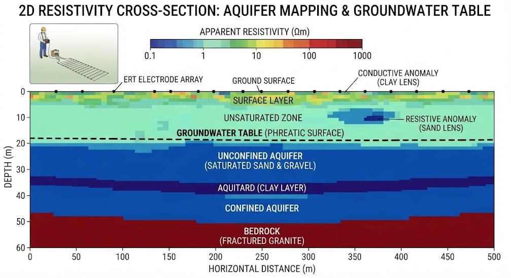 2D ERT hydrogeological survey cross-section