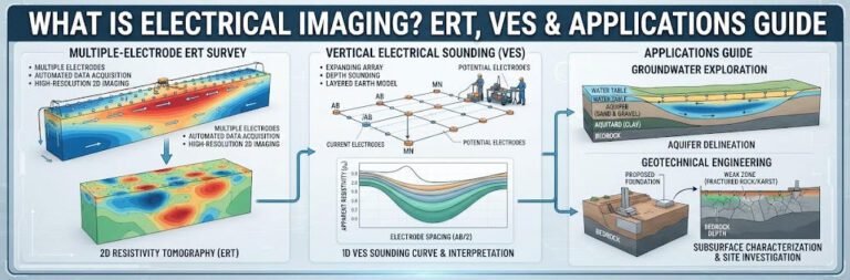 Panoramic 3D technical banner (3:1) titled 'WHAT IS ELECTRICAL IMAGING? ERT, VES & APPLICATIONS GUIDE'. Illustrates multi-electrode ERT survey layouts, vertical electrical sounding profiles, and subsurface resistivity imaging for engineering applications.