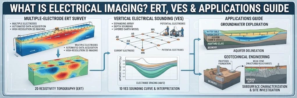 3D square infographic banner (1:1) titled 'WHAT IS ELECTRICAL IMAGING? ERT, VES & APPLICATIONS GUIDE'. Displays electrical resistivity tomography electrode arrays, subsurface resistivity cross-sections, and inversion models for geotechnical and groundwater exploration.