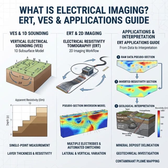 3D square infographic banner (1:1) titled 'WHAT IS ELECTRICAL IMAGING? ERT, VES & APPLICATIONS GUIDE'. Displays electrical resistivity tomography electrode arrays, subsurface resistivity cross-sections, and inversion models for geotechnical and groundwater exploration.