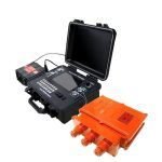 Two-piece GEOTEM-GKII transient electromagnetic set: black main control host with LCD screen & function keypad, matched with orange explosion-proof transmitting terminal; modular split design for underground mine & tunnel ahead water-bearing structure advanced prediction.