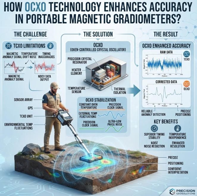 Square educational banner comparing TCXO versus OCXO technology in portable magnetic gradiometers, illustrating the physical components and resulting improvement in survey data accuracy.