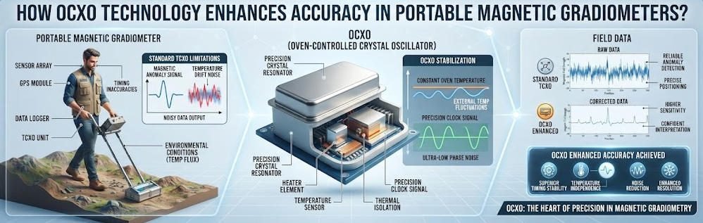 Wide technical banner detailing OCXO technology's role in stabilizing portable magnetic gradiometers for improved accuracy and noise reduction in geophysical data.