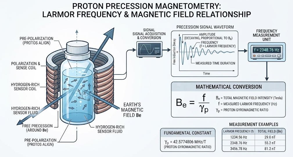 Larmor frequency relationship used for proton magnetometer magnetic field measurement